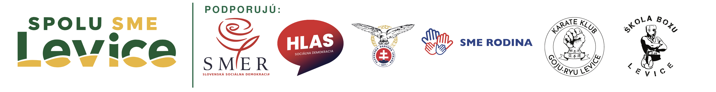 Spolu sme Levice podporujú: SMER – sociálna demokracia, HLAS – sociálna demokracia, Slovenská národná strana, SME RODINA, Karate klub Goju Ryu Levice a Škola boxu Levice